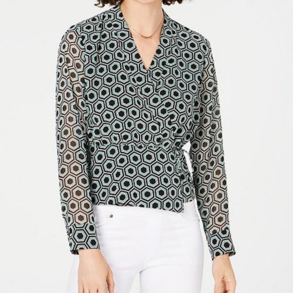 INC Green & Black Geometric Print Wrap Top NWT - Picture 1 of 7